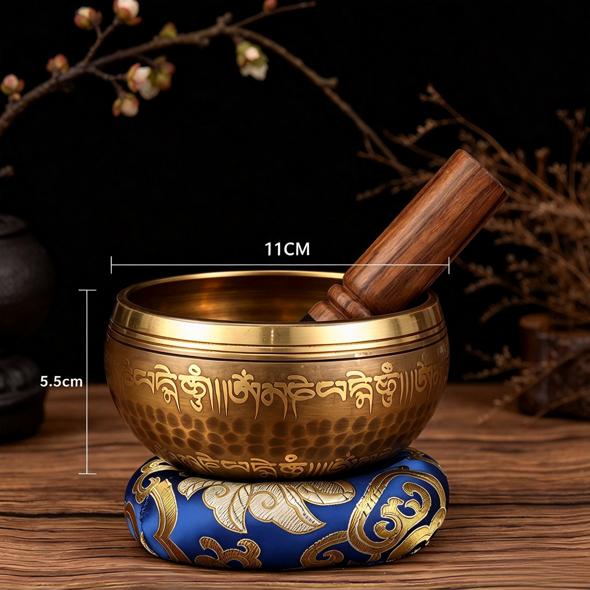 11 cm brass singing bowl with Tibetan-script decoration; accessories shown for styling